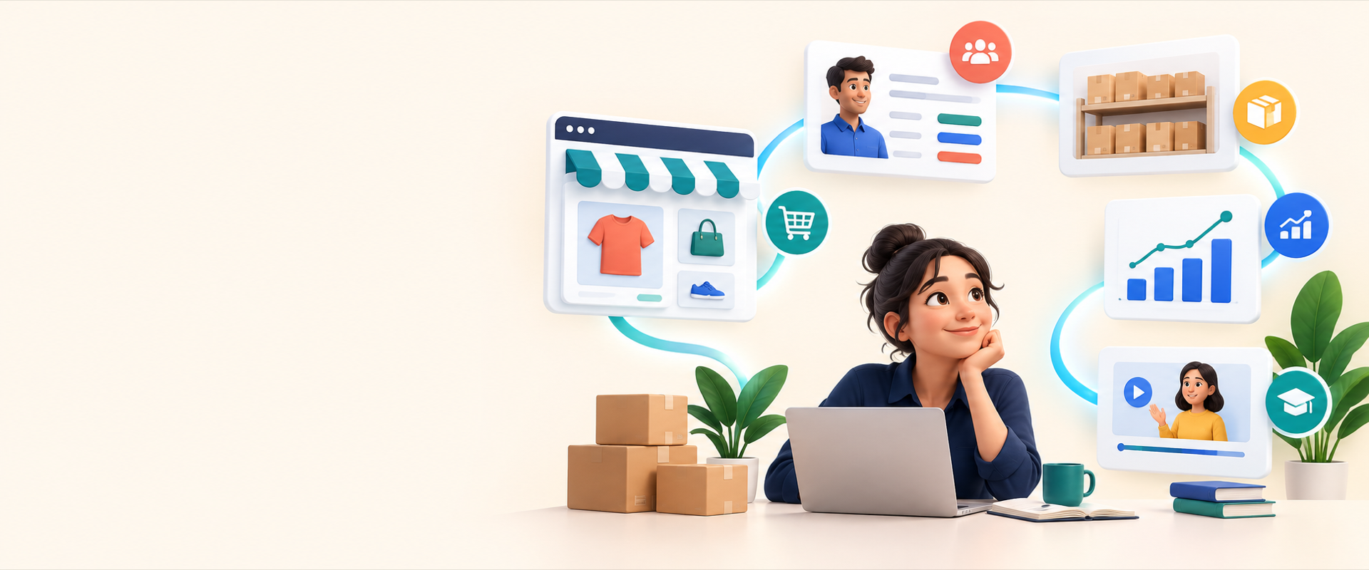 An entrepreneur using connected website, sales, inventory, analytics and learning tools