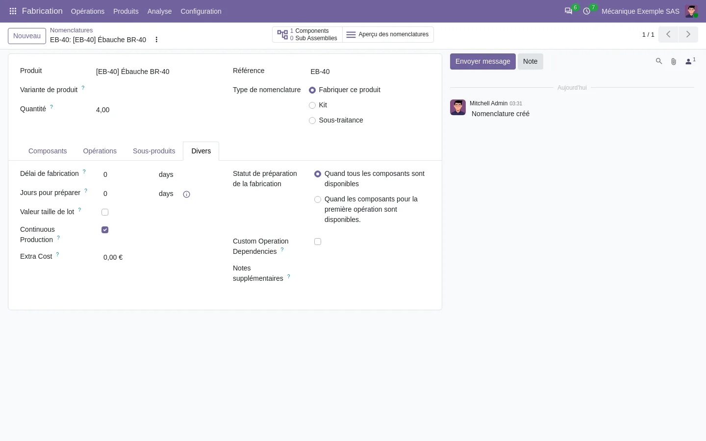 Onglet Divers de la nomenclature de l’ébauche EB-40 dans Odoo 20 : case « Continuous Production » cochée