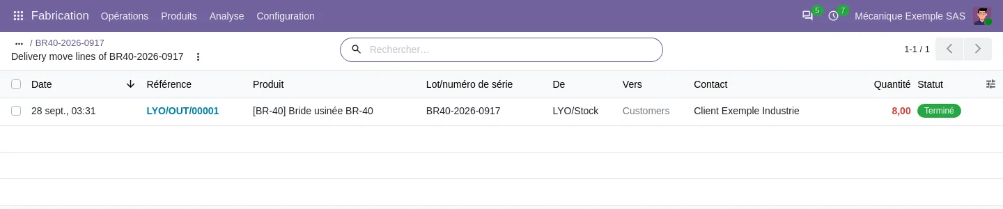 Bouton Transferts du lot BR40-2026-0917 : livraison LYO/OUT/00001 de 8 brides au client fictif, statut terminé