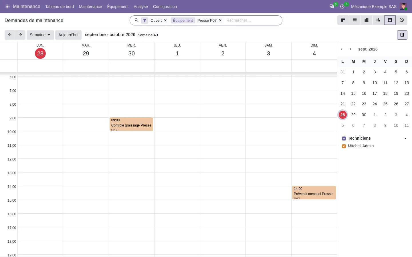Calendrier de maintenance de la presse P07, semaine 40 : graissage le mercredi, préventif mensuel le dimanche
